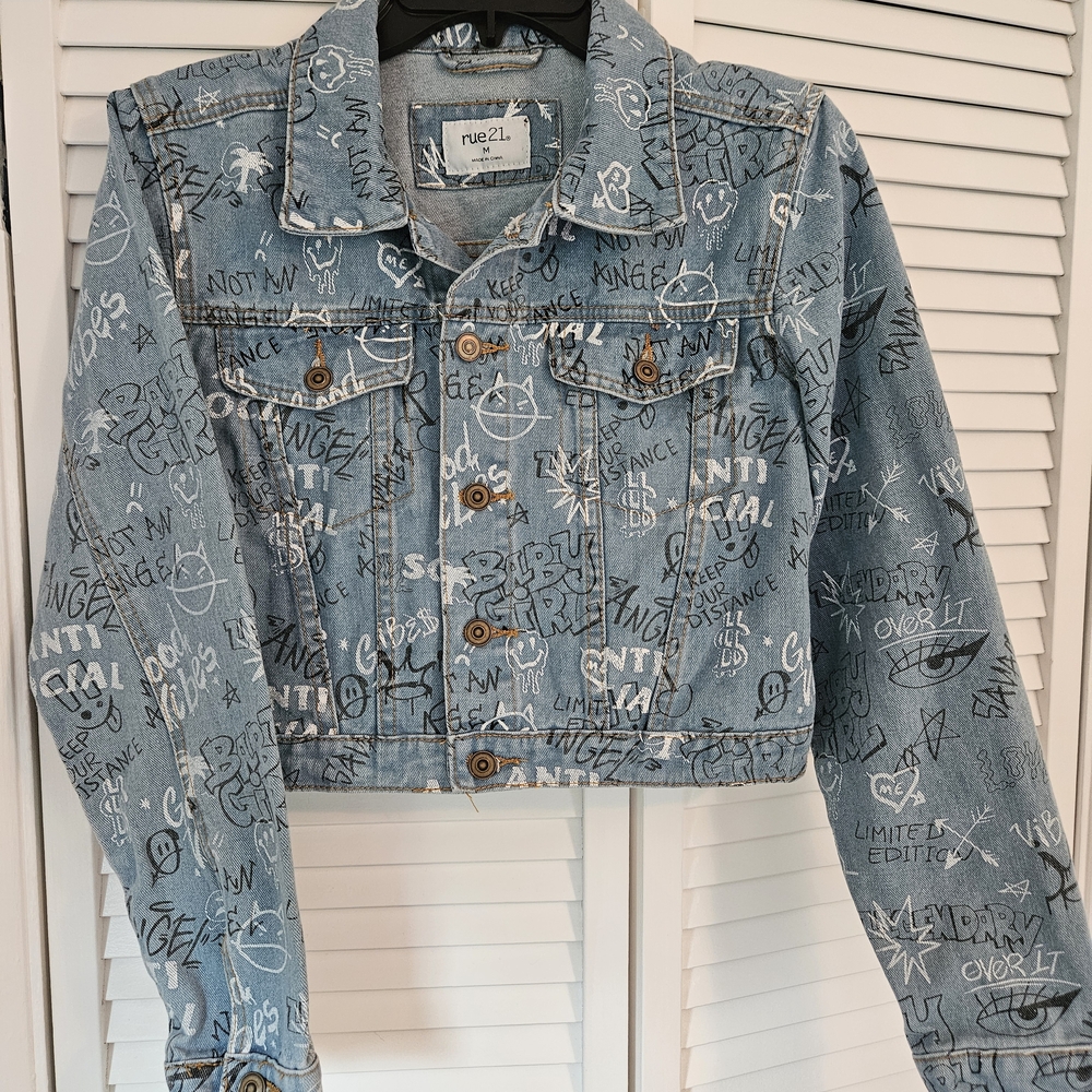 Rue21 Blue Denim Jacket with Graphic Print
